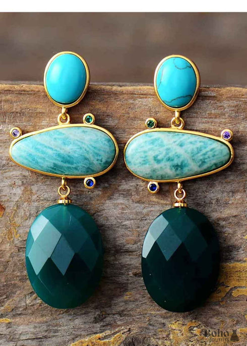 Boho Earrings, Dangle Earrings, Hyperbole Amazonite Onyx Stud